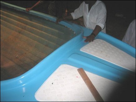 Original top part of the mold contains fittings to provide non-slippery surface at the front of the boat.