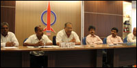 Professor P. Ramasamy, deputy chief minister of Penang state of Malaysia, addressing Malay, Chinese, English and Tamil journalists at DPA party headquarters. DAP parliamentarian M.Kulasegaran is seated to the left of Prof Ramasamy and environmental activists Srinivasa Rao and Gnanasegaran seated to the right